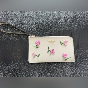 Kate Spade Floral Appliqué Wristlet Cream Leather 3D Flower Pouch